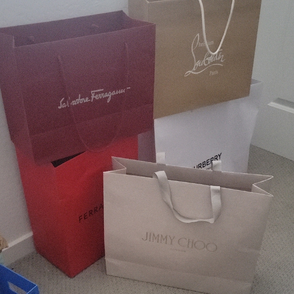 Jimmy Choo, Loubotin, Ferragamo, Burberry shopping bags
